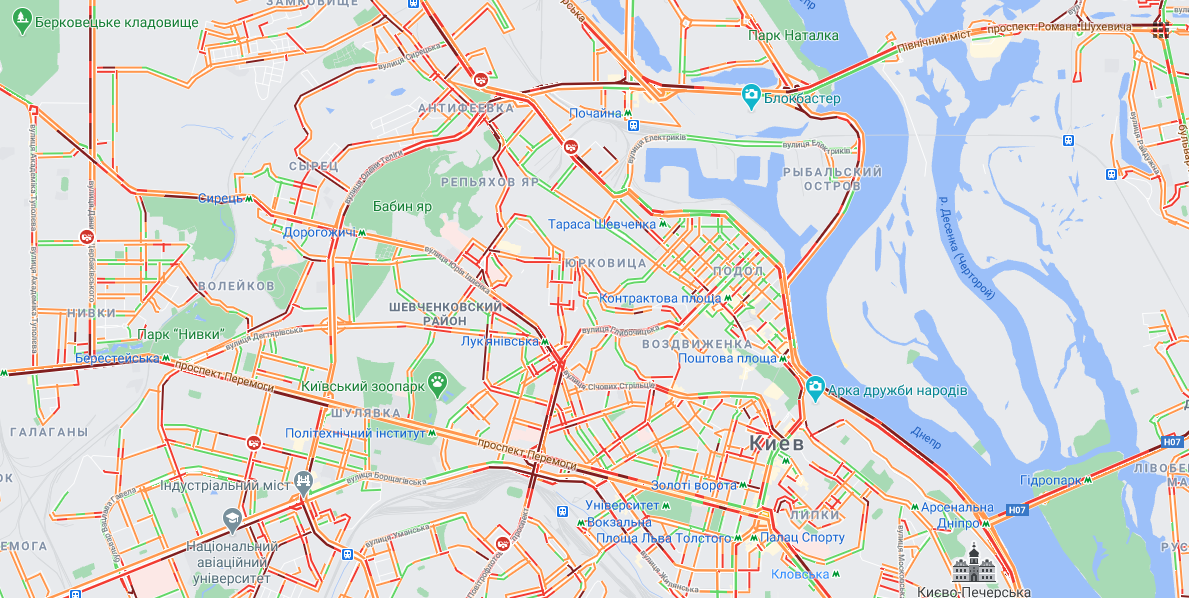 Пробки в Киеве 10 февраля. Гугл мапс