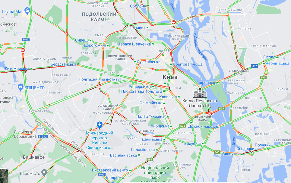 Пробки в Киеве 19 марта. Скриншот Гуглмапс