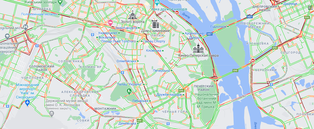 Пробки в Киеве 5 апреля. Скриншот Гугл Мапс