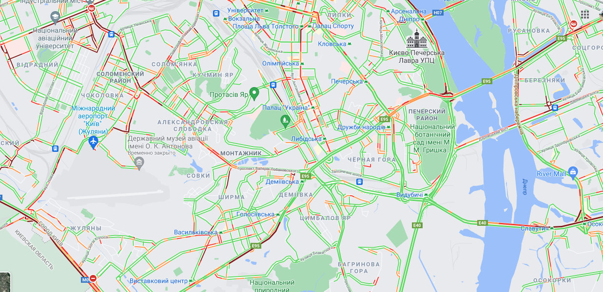 Пробки в Киеве 20 апреля. Скриншот Гугл Мэпс