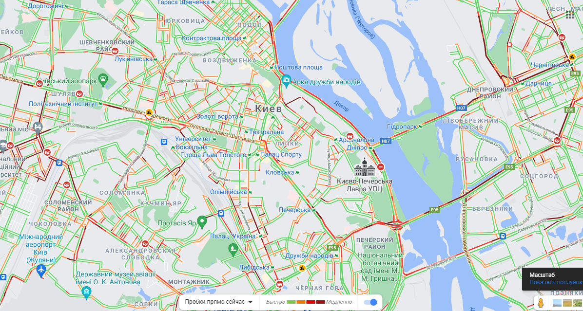Пробки в Киеве 17 мая. Скриншот: гугл мэпс
