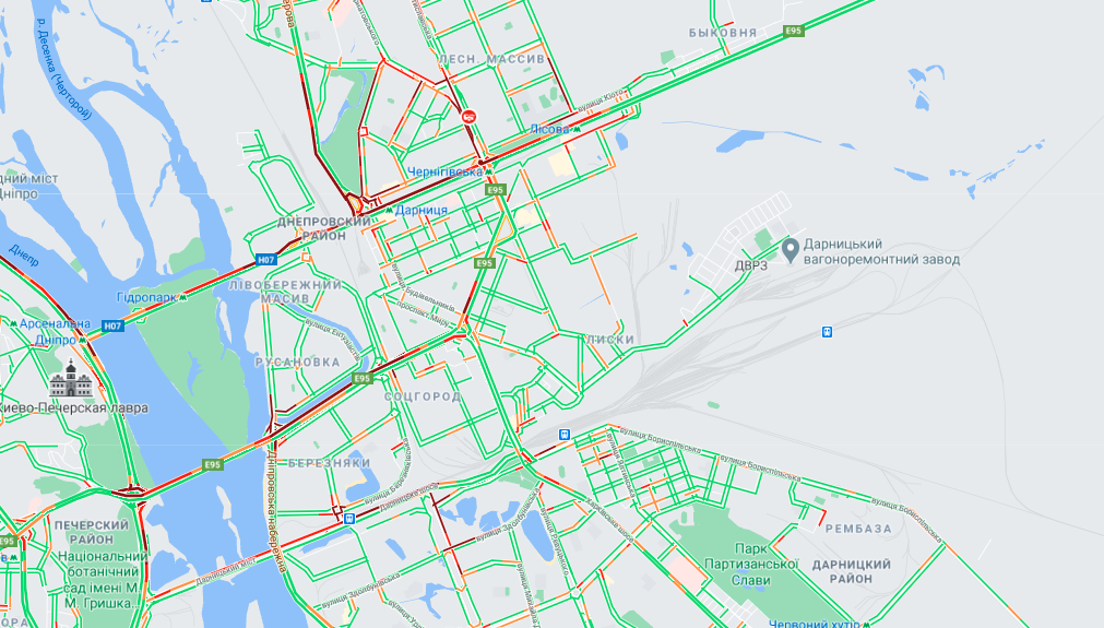 Пробки в Киеве 19 апреля. Фото: Google Maps