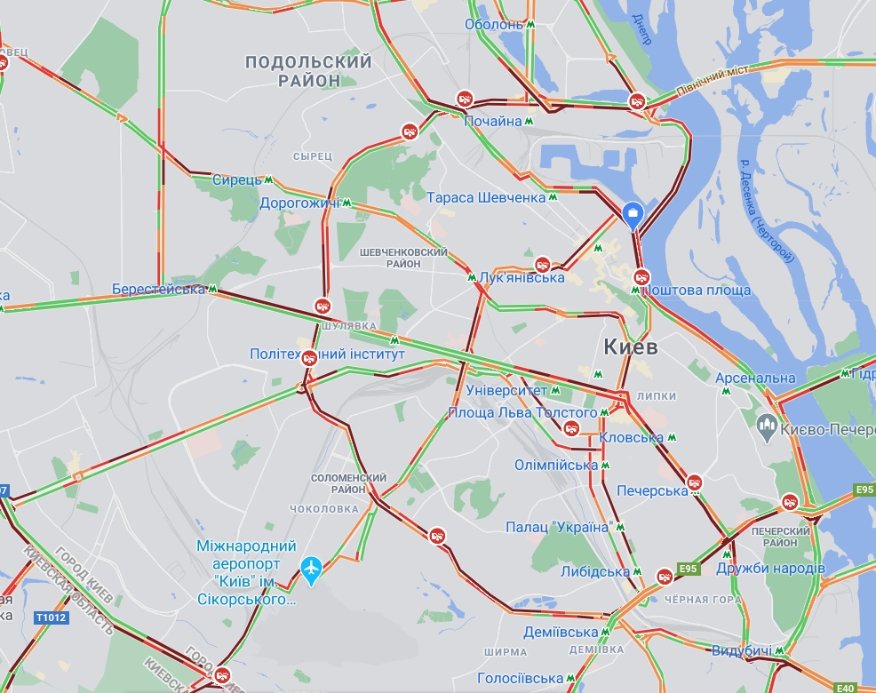 Пробки в Киеве. Скриншот Google Maps