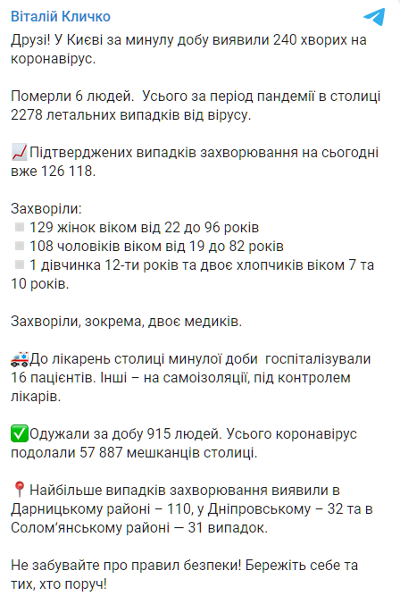 Ситуация с коронавирусом в Киеве. Скриншот: Telegram/Виталий Кличко