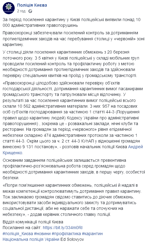 Полиция отчиталась о нарушениях во время локдауна. Скриншот: facebook.com/UA.KyivPolice