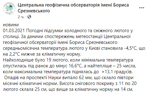 Февральская температура воздуха в Киеве оказались ниже нормы. Скриншот: Фейсбук