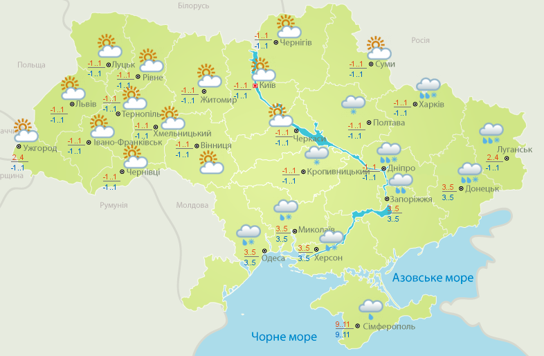 Восток Украины проведет субботу в осадках, а на западе будет сухо. Карта погоды на 26 декабря. Карта: Укргидрометцентр