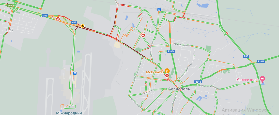 Пробки на Бориспольской шоссе утром 21 июля. Скриншот: Google maps