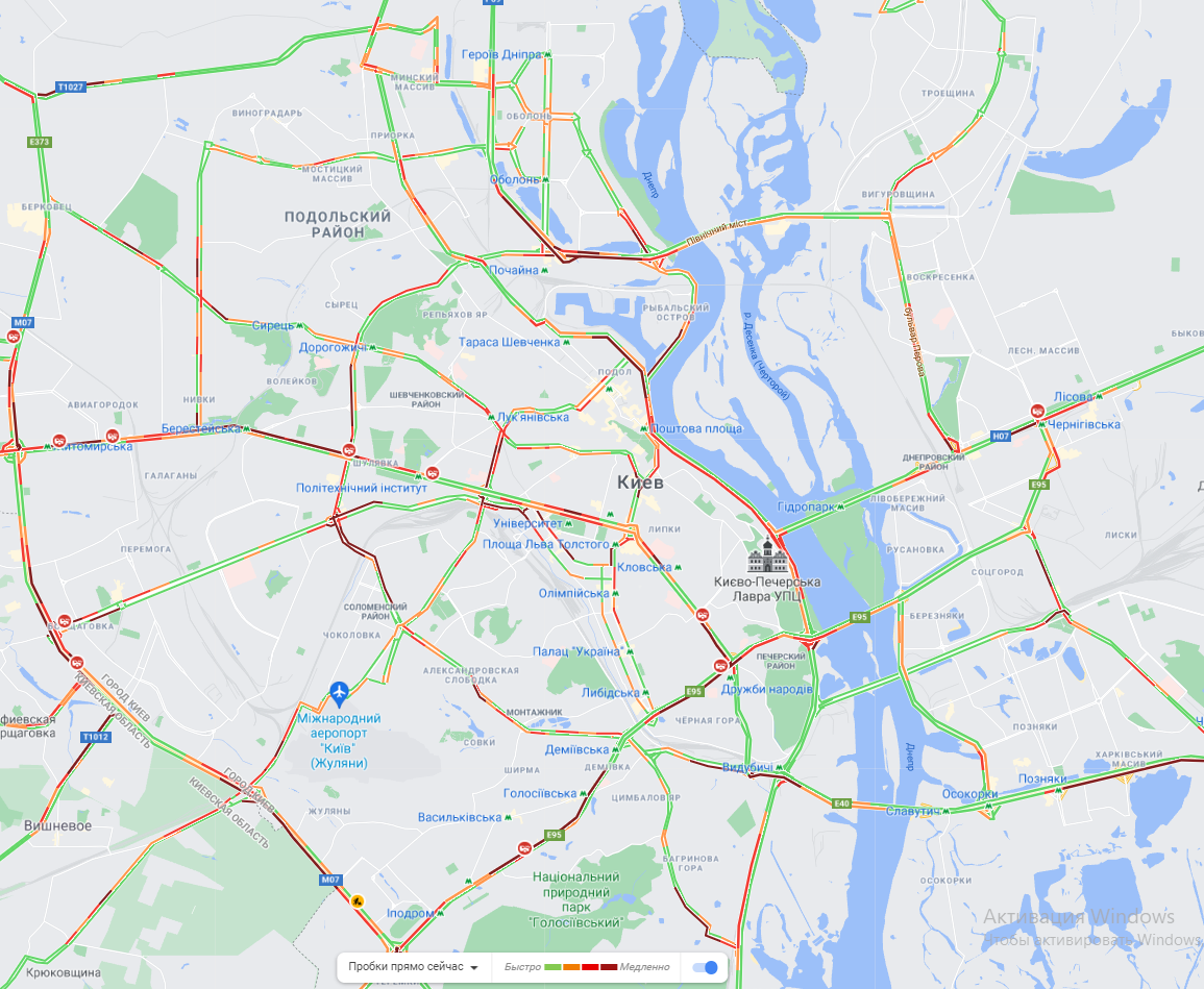 В Киеве автомобильные пробки. Скриншот из гуглкарт